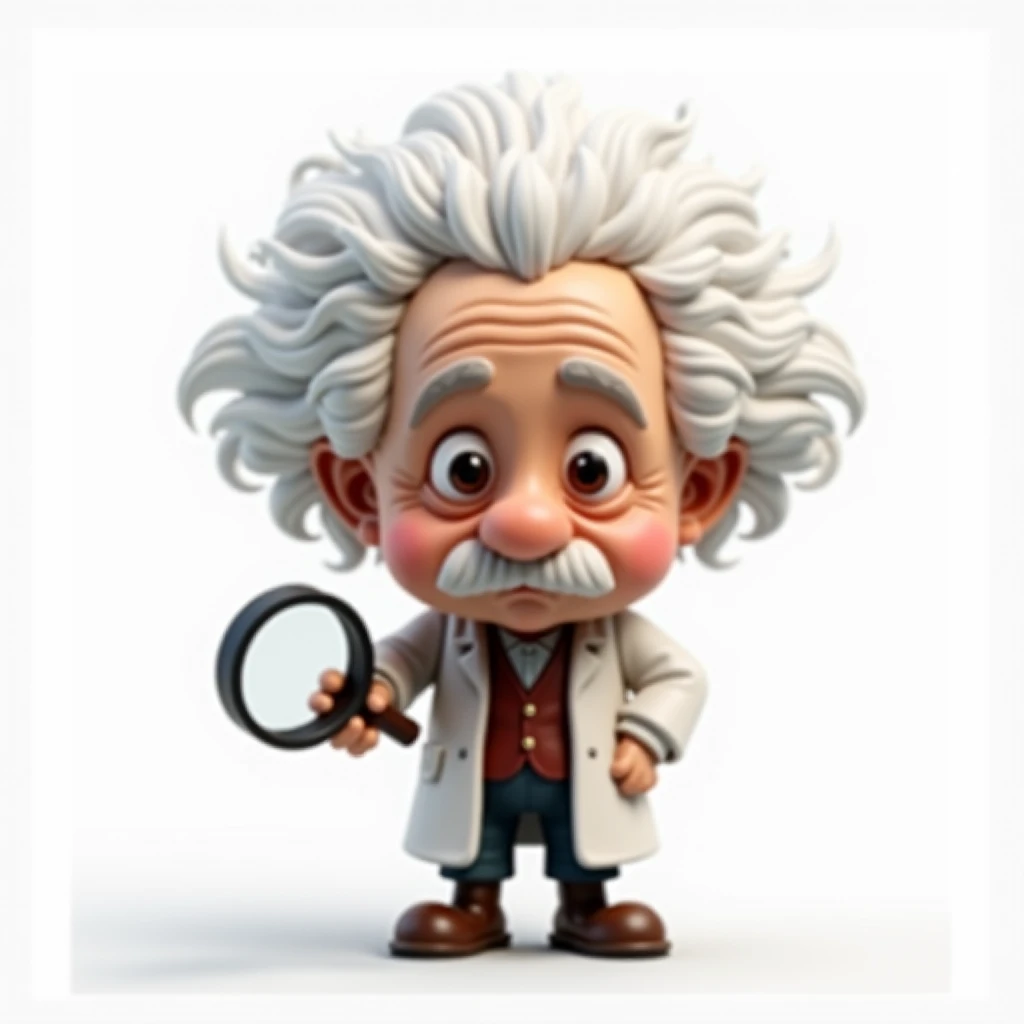 " A very detailed and photorealistic miniature of Albert Einstein with an enormous head,  wearing a small white lab coat ,  holding a magnifying glass while closely observing the ground below .  His expression is focused and inquisitive ,  with realistic l...