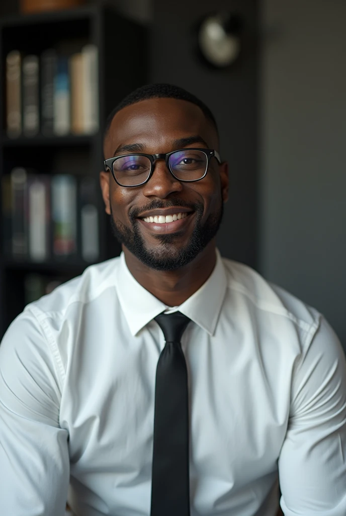 Frontal face of a 30-year-old black man, handsome.  very short hair, Corpulent athletic body. Flickering of the face (no beard). wear glasses.  Realistic. He wears a slightly tight white shirt and a black tie . It shows his full face and head and part of h...