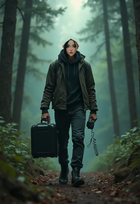  Make an ugly 22-year-old bald man ,  good with technologies , Survival in the forest,  deception and a fight ,  he's a well-warned man ,  he uses a radio as if it were a phone ,  he carries a black suitcase , It's kind of weak ,  and also kind of fearful ...