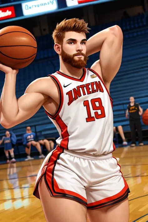 male basketball player, ((((wide hips)))), ((thick thighs)), ginger hair, skinny torso, curvy hips, beard