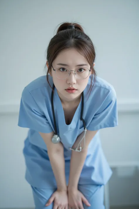 A nurse in her 20s wearing a light blue medical scrub is leaning forward and looking at us with a worried expression、Cleavage is visible from the chest、I have long hair in a ponytail、 I'm wearing glasses、A woman with clear white skin and light makeup、Photo...