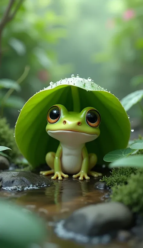 A little frog with a leaf umbrella in a rainy stream 