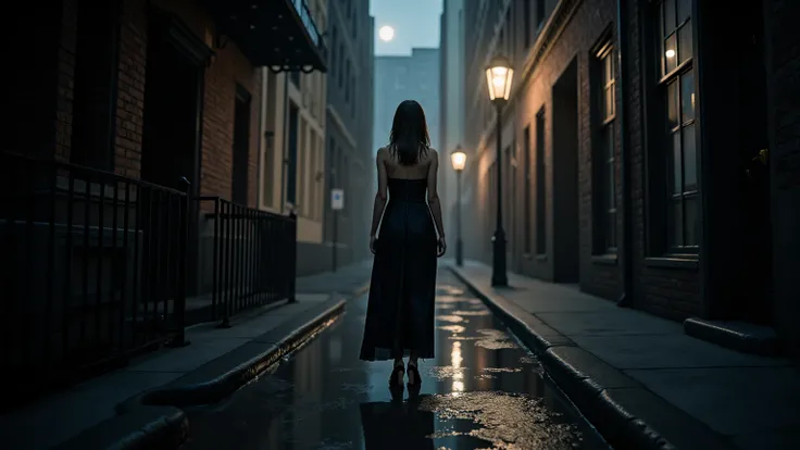  An alley illuminated by streetlights and moonlight . A woman walks in her long dress soaked in the rain, with an expression of introspection and melancholy .
