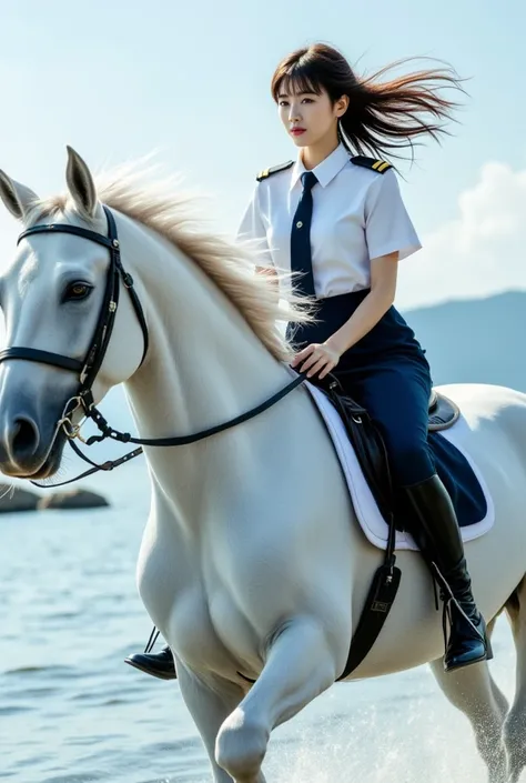 ((Sexy beautiful Japanese woman, a self defense officer uniform, wearing a white short-sleeved shirts, navy blue tie, navy blue pencil skirt, Black patent high heels) :1.5), beautiful hip-line, Beautiful thighs, Realistic photograph of a woman riding a whi...