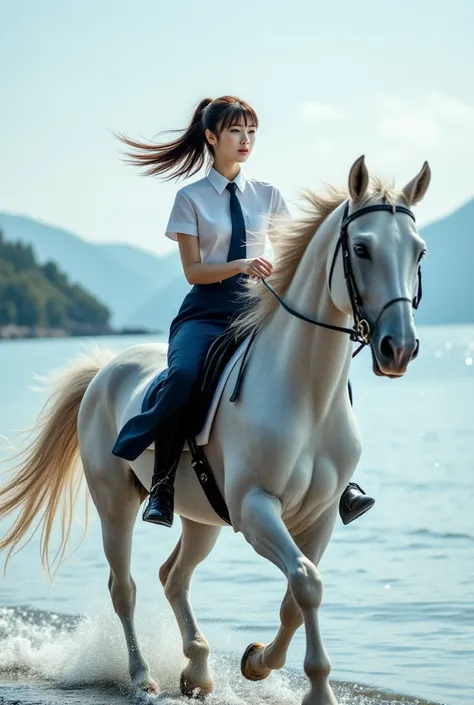 ((Sexy beautiful Japanese woman, a self defense officer uniform, wearing a white short-sleeved shirts, navy blue tie, navy blue pencil skirt, Black patent high heels) :1.5), beautiful hip-line, Beautiful thighs, Realistic photograph of a woman riding a whi...