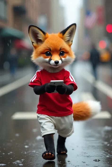  High-definition images  ,  quality in 4k a cute fox puppy standing wearing a red t-shirt with white stripes and white silk shorts walking around holding his cell phone , In the middle of the New York street in rainy weather 

