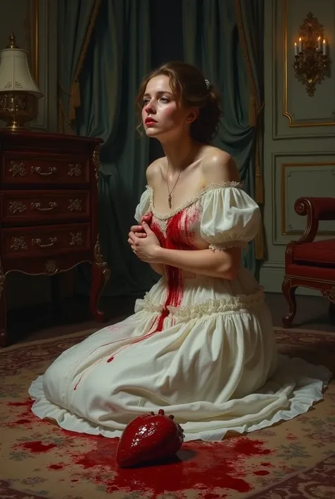 A dramatic and emotional scene in a realistic and detailed pictorial style inspired by Vasili Pukirev. A young woman, around 19 years old, is the central figure, dressed in an elegant white period gown, now torn and stained with blood on her chest, where h...