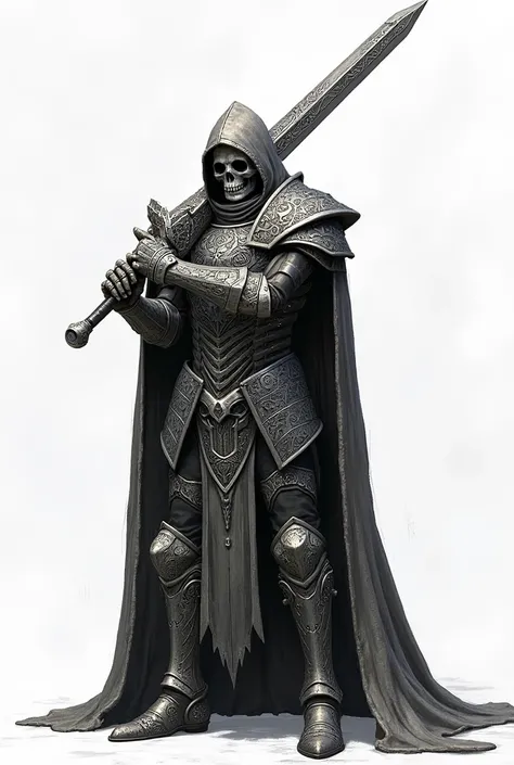 Skull knight bring the sword using engraving style with white background