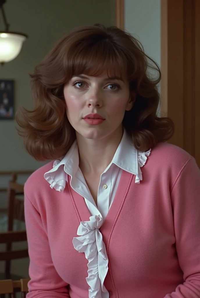  there is a woman wearing a pink sweater and white shirt with ruffles,  a photo inspired by Helene Trend, Louise Lasser's character, In the 1985 movie Crimewave, flickr,  magical realism ,  screenshot of the movie  de 1985,  movie screenshot ,  from the Cr...