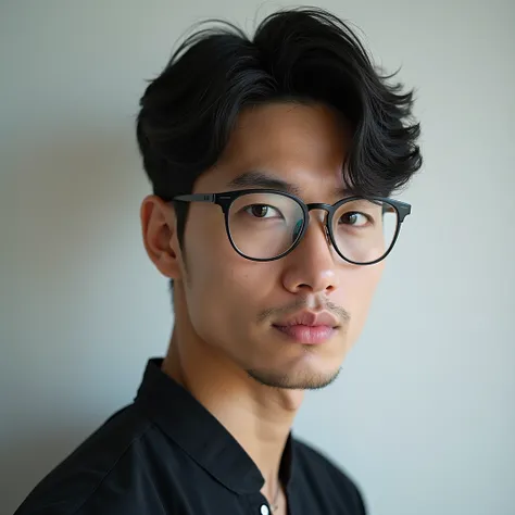 man with curtain hair, facing forward but slightly to the side, with glasses with an Asian look, this image is for use in the header of the barbershop website