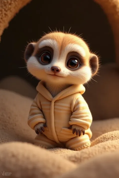 Baby meerkat in pajamas getting ready to sleep