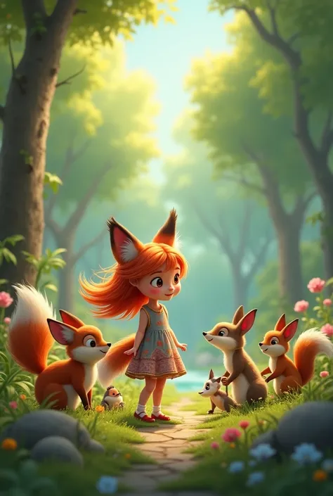 A fox and other animals and a girl