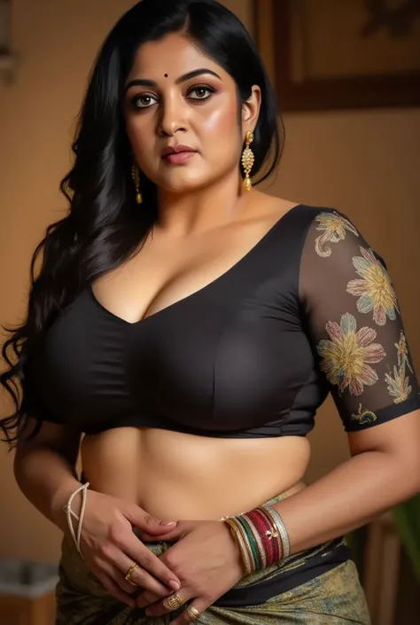 a hot curvy busty indian woman with long black hair ,big saggy boobs, bid thick ass, full body portrait, wearing a black transparent saree with red sheer blouse , detailed facial features, beautiful eyes, nose and lips, intricate saree folds and textures, ...