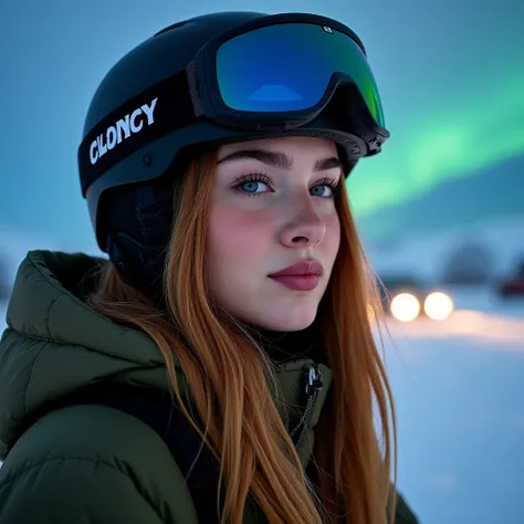 A young woman, around 30 years old, poses outdoors in a serene, snow-covered winter Iceland  landscape. The picture is taken at night time, with the northern lights glowing behind her. She wears a sleek, olive green puffer jacket zipped up to her chin, Her...