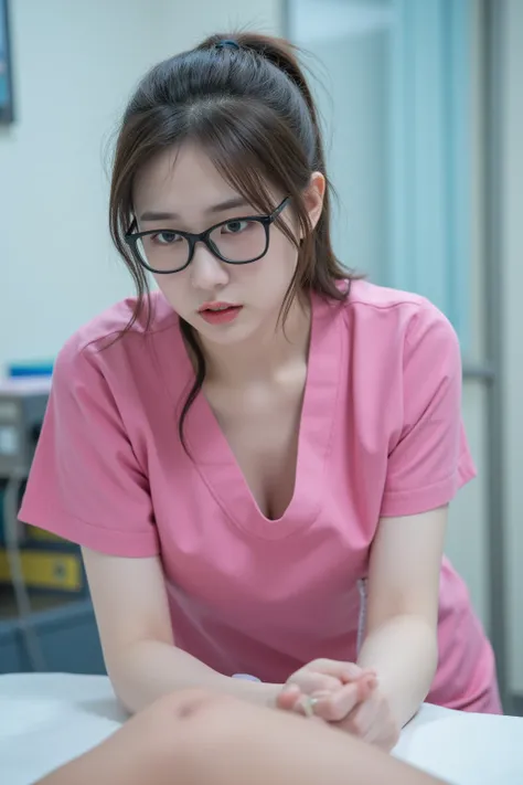 In the hospital examination room, a nurse in her 20s wearing a pink medical scrub is leaning forward and looking at us with a worried expression、Cleavage is visible from the chest、I have long hair in a ponytail、 wearing black-rimmed glasses、A woman with cl...