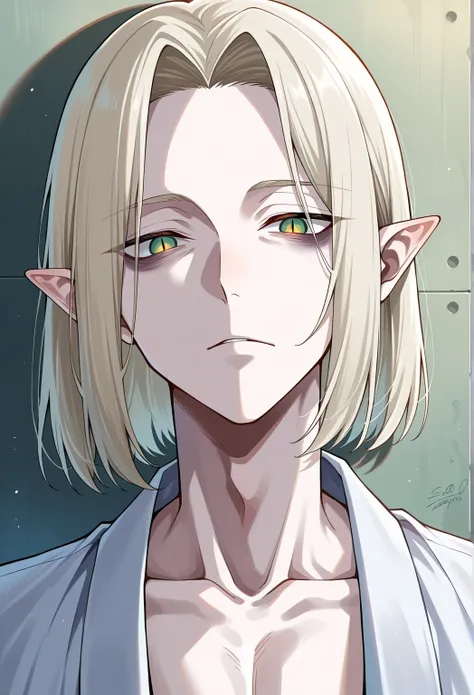 masterpiece, best quality, newest, 

1boy,solo, bishounen, mature, 20 years old,

{(short hair) , parted long bangs, straight hair, bare forehead, platinum blonde hair}, 

{green eyes, pale skin, pointy ears,  red pupils, slit pupils, bags under eyes} ,  
...