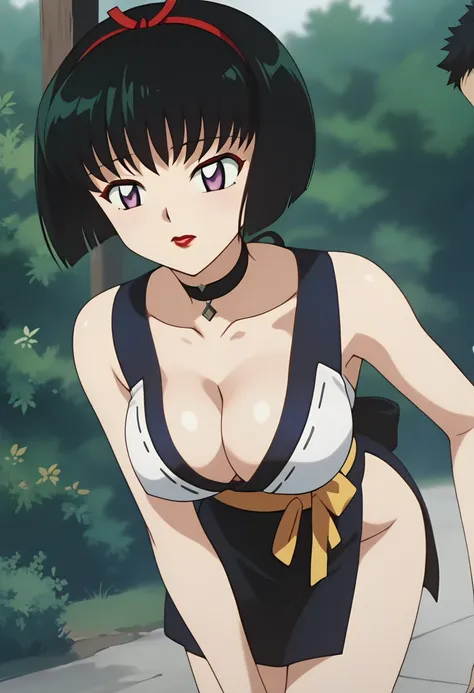 score_9, score_8_up, score_7_up, source_anime, best quality, masterpiece, rating_explicit, uncensored, anime screencap, megami magazine, game cg, BREAK, SAKASAGAMINOYURA, 1GIRL, large breasts, cleavage, BLACK HAIR, HAIR BAND, BOB_CUT, PURPLE EYES, CHOKER, ...