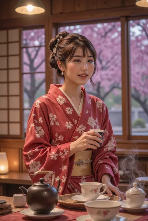   A beautiful young woman in the tea room ,  A beautiful young woman in the tea room , blunt bangs,  very cute, bread,  earrings, The side of the face ,  A kimono with attention to detail ,  Elegant Movement , Steam rising from a teapot ,  A gorgeous tea s...