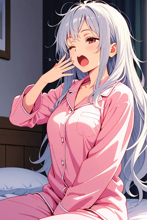 8k,masterpiece, best quality, ultra detailed, high resolution, super fine illustration, 1girl, solo, red eyes, silver hair,long hair, disheveled hair, yawning,pajamas,