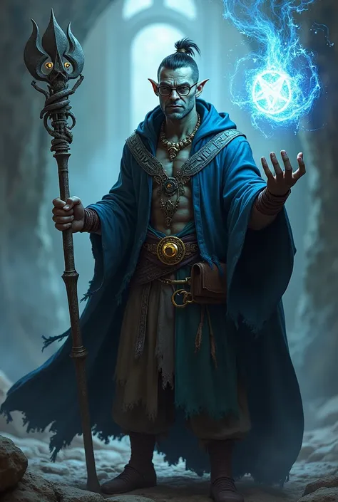   an orc wizard who specializes in abjuration , He has 
The gray skin ,  hair shaved on the sides and tied ,  wears glasses and is slightly weaker than 
Others of your race.