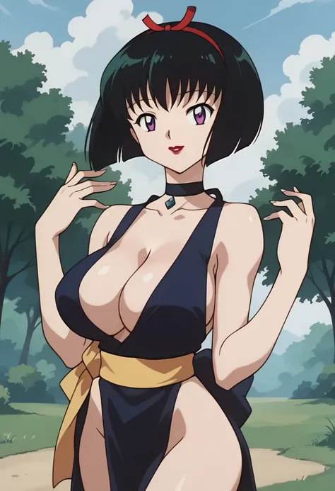 score_9, score_8_up, score_7_up, source_anime, best quality, masterpiece, rating_explicit, uncensored, 1990s (style), anime screencap, megami magazine, BREAK, SAKASAGAMINOYURA, 1GIRL, huge breasts, cleavage, BLACK HAIR, HAIR BAND, BOB_CUT, PURPLE EYES, CHO...