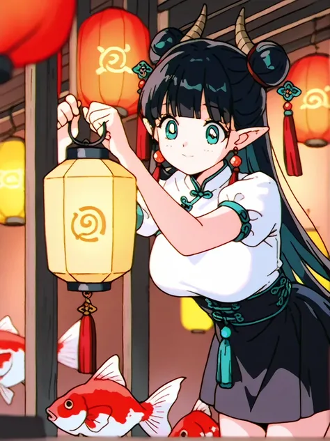  1 girl, Alone,  long hair,  blue eyes,   black hair,   Aqua Eyes,  happy,  closed her mouth, Medium Boobs,  hair bun,   Double Bang , horn,blunt bangs,   object , looking at  lantern, holding  lantern, bending over,  shirt,  skirt,  Long Sleeve, ribbon,  ...