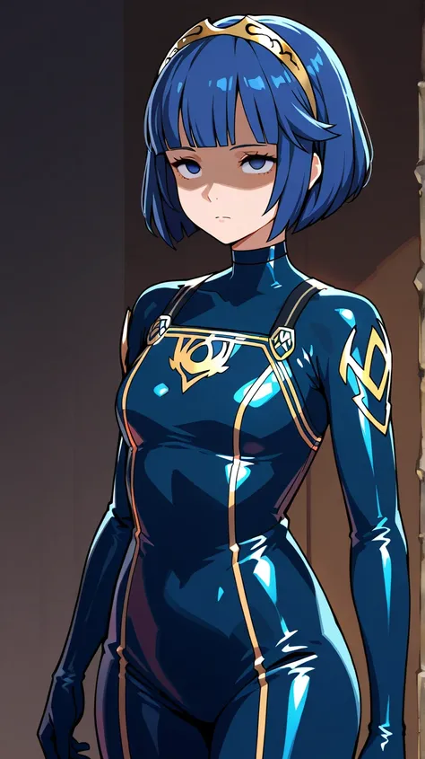 Lucina (fire emblem),neutral, expressionless, standing, looking at viewer, (((blunt cut, bob, blunt bangs, bob cut))), wiry, gloves, choker, navy blue bodysuit,cowboy shot,Shaded face, rolling eyes, no pupils, 1girl, solo, blue hair, navyblur eyes, latex