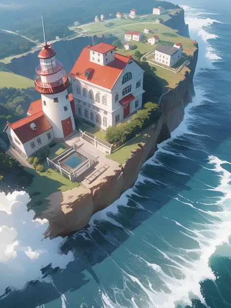 The lighthouse, which is located on a rock, is hit by a giant wave with a towering splash as it hits the lighthouse building on a clear morning. Accurate, From Above, Close-Up, Anime Style, 