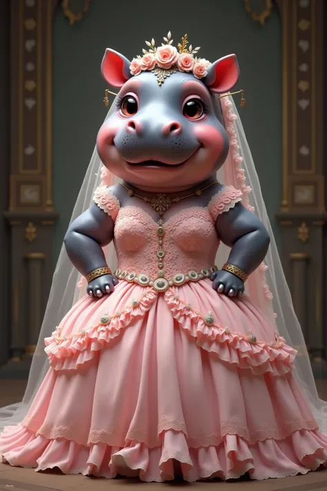 photorealistic portrait of Dressed animals - a ((fat)) [chibi] (baby) (hippo) bride,(art by Carne Griffiths),(happy smile:1.5),(furry), high quality,(lovely) ,intricate details, highly detailed (gothic pink wedding dress)),wearing opera globes and shoes,we...