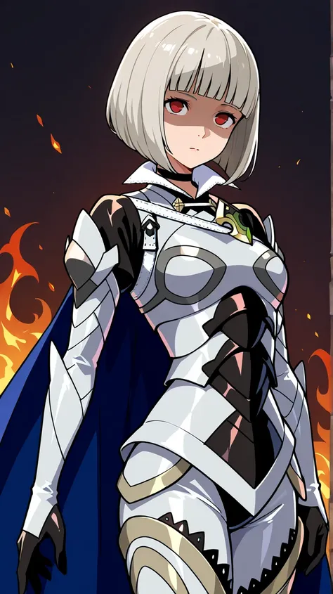 Corrin (fire emblem),neutral, expressionless, standing, looking at viewer, (((blunt cut, bob, blunt bangs, bob cut))), wiry, gloves, choker, silver bodysuit,cowboy shot,Shaded face, rolling eyes, no pupils, 1girl, solo, silver hair, red eyes, latex