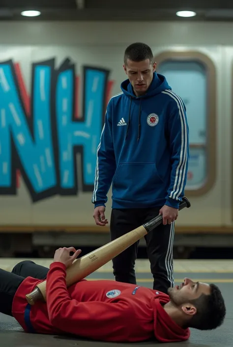  A fan wearing clothes in the colors blue black and white,  and with a face of empowerment and anger he has a baseball bat in his hand next to him is another fan lying on the floor he wears red clothes in the background of an urban train station with graff...