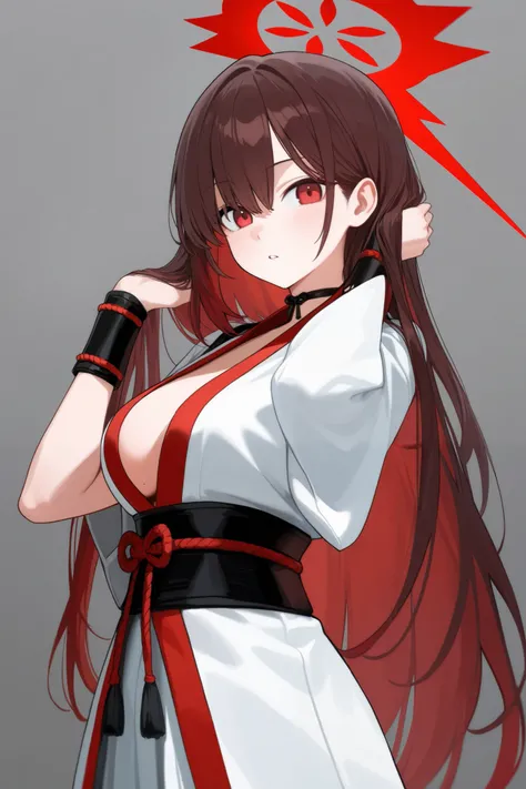 1 girl, Hair length reaches the back, Brown hair and red hair on the edges of the hair, red eyes, but not bright, wear a sexy samurai outfit, หน้าอกไซส์ปานกลาง, have a red halo