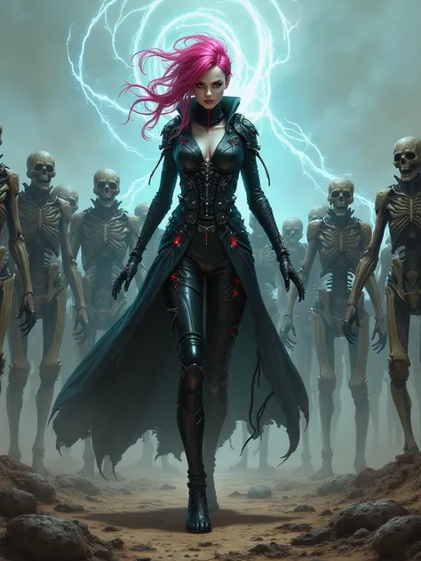 Fully detailed art of sexy  cyborg necromancer created army of death 