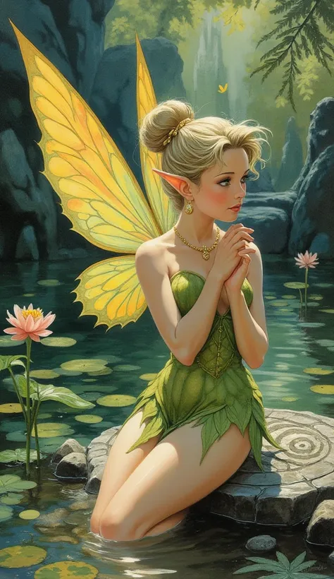 the detailed proportions and textures brushed multicolored and softened with airbrush, a semi-realistic Chinese ink illustration of an exotic beauty of the Tinker Bell Fairy (full body and shy pose, angelic face, innocent look, thick thighs, round and huge...