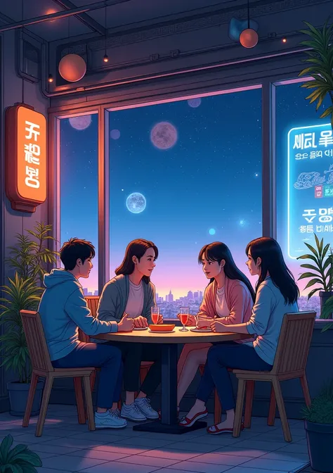 over space-themed novels, table cornered cafe where they used to chat, make like a manhwa picture