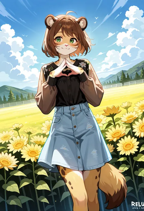 rating_safe, score_9, score_8_up, score_7_up, score_6_up, score_5_up, score_4_up, hires, source_furry(one scene of movie)nature, farm, Blue sky, clouds, florals Beautiful garden(furry anthro, solo, girl, casual fashion, Relux pose, Smile)cinematic lighting...