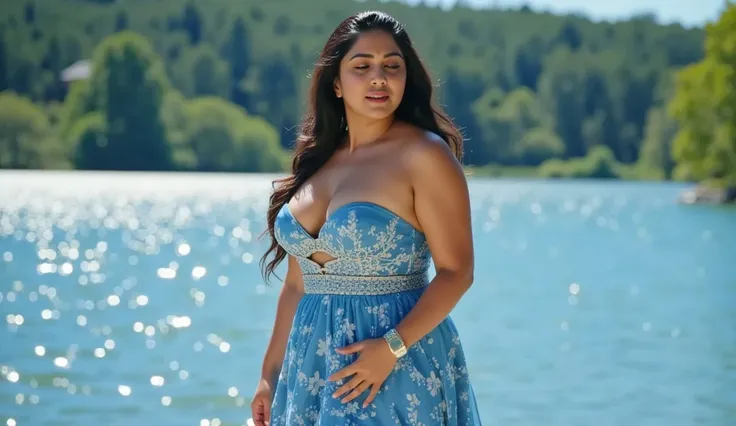 A beautiful Indian woman with a curvy body, long hair tied in a ponytail, wearing an elegant blue floral maxi dress that hugs her body. She has a fuller figure and stands confidently. The background shows a stunning lake on a bright sunny day, with a clear...