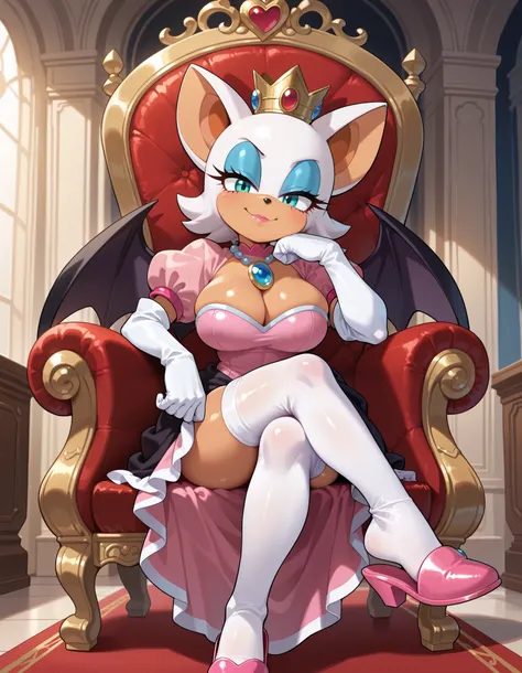 masterpiece, best quality, amazing quality, very aesthetic, absurdres, source furry, ((Rouge the bat)), ((short body)), half closed eyes, cyan eyes, blue eye makeup, (seductive stare), (looking at viewer), smile, closed mouth, indoors, throne room, princes...