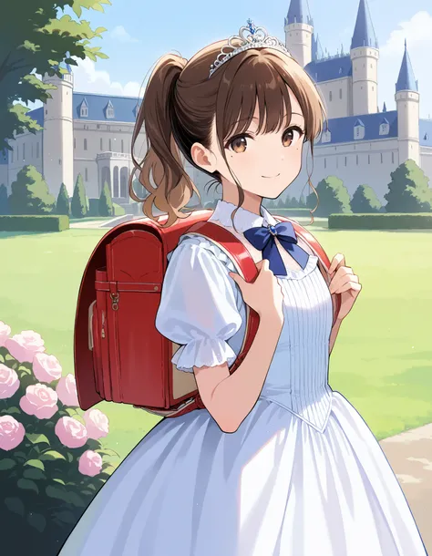 masterpiece, best quality, highres, 1girl, long hair, one side up, solo, ponytail,brown hair, masterpiece, best quality, highres, 1girl, , solo, brown hair, short hair, brown eyes, mole under eye, cowboy shot, luxury dress, princess dress, princess Costume...