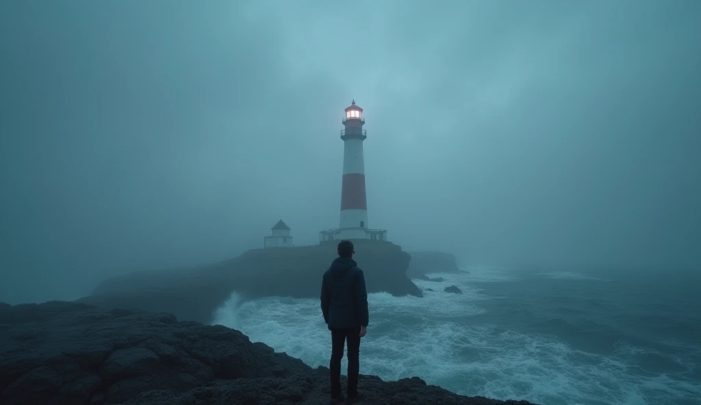 Generate an image of a solitary lighthouse in the middle of the ocean,  surrounded by strong waves and thick fog .  in the foreground,  shows a person looking at the lighthouse with an expression of confusion and amazement,  as if wondering how it was poss...