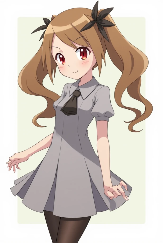 zzRoxanne, roxanne (pokemon), red eyes, long hair, brown hair, twintails, hair pulled back, pantyhose, ascot, grey dress, short sleeves, ribbon, shirt, hair ribbon, full body 