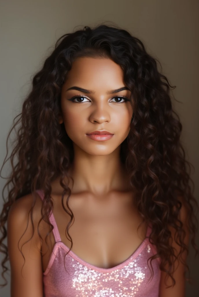 Ultra-realistic portrait of a young age girl with long, naturally curly dark brown hair. She has smooth, fair skin with visible pores and fine details, deep dark brown eyes. She's wearing a shimmery pink spaghetti strap top that subtly reflects the light. ...