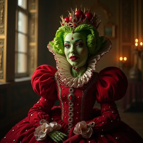   The Queen of Red Hearts is a beautiful humanoid character made of green lettuce , Queen of Hearts from Wonderland ,  wears highly detailed and intricate costumes , Full body shot,  in a surreal and luxurious royal room , ( highest quality, 4K,  8,000,  h...