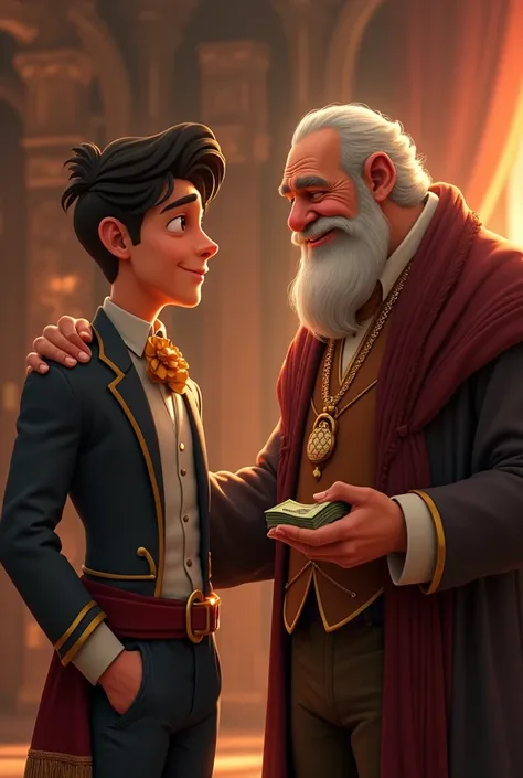  generates a large animated image where a young man is seen talking to his father who already looks old, well dressed but with old costumes and with jewels, They talk the young man looks happy but the father a little sad the father puts one hand on his sho...