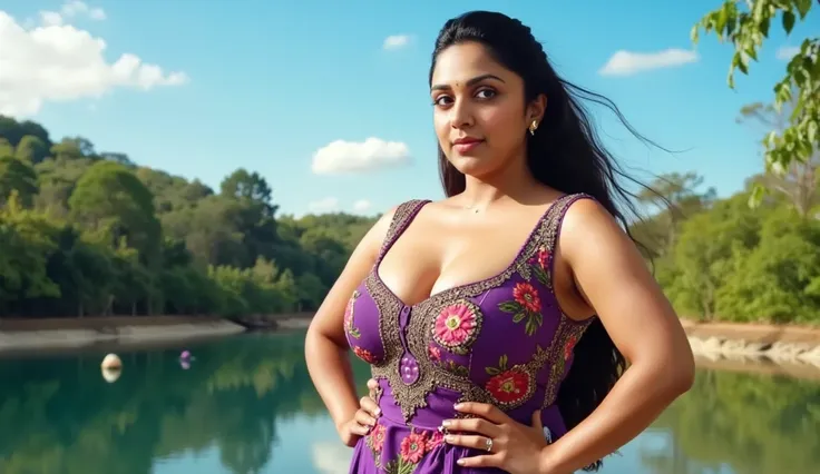 A beautiful Indian woman with a curvy body, long hair tied in a ponytail, wearing an elegant purple floral maxi dress that hugs her body. She has a fuller figure and stands confidently. The background shows a stunning lake on a bright sunny day, with a cle...