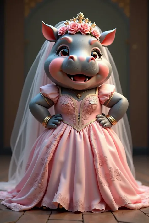 photorealistic portrait of Dressed animals - a ((fat)) chibi (baby) (hippo) bride,(art by Carne Griffiths),(happy smile:1.5),(furry), high quality,(lovely) ,intricate details, highly detailed (gothic pink wedding dress)),wearing opera globes and shoes,wear...