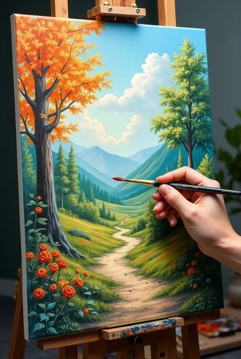 a painted canvas with landscape and a hand painting