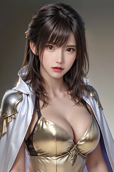 ((female warrior upper body)),((Wears silver and gold steel armor and cloak:1.5)),1 person,  black hair,  (((Real Face))),  Belly Shortcut,((Big breasts and cleavage)),  high definition face and skin texture  ,   staring at the camera ,    Chinese Warrior ...