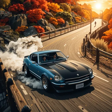 best quality, Datsun 280z with a roaring 5.7 litre V8, its air intake scoop giving hint of the power under the hood, this baby blue and flat black is in the middle of a long speed drift on a curved wooden bridge, elevated profile drone photography for hot ...