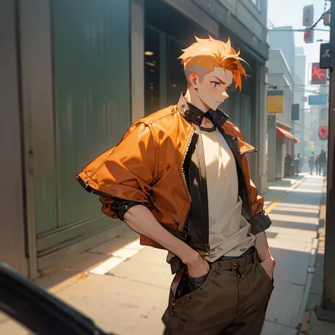 1male, adult, finely detailed saffron eyes, (wild short hair), strawberry blonde hair, undercut, casual clothing, biker jacket, loose pants, somber expression, (perfect generation), standing on street, detailed background